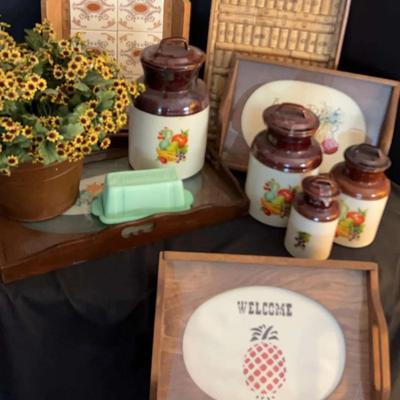 Vintage Kitchen Canisters, Decorative Trays, Faux Floral & Butter Dish