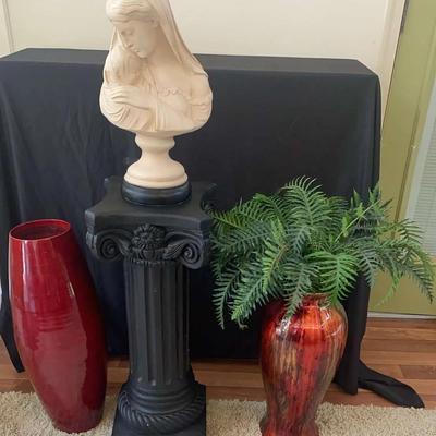 Classical Bust on Pedestal with Red Decorative Vases & Faux Fern