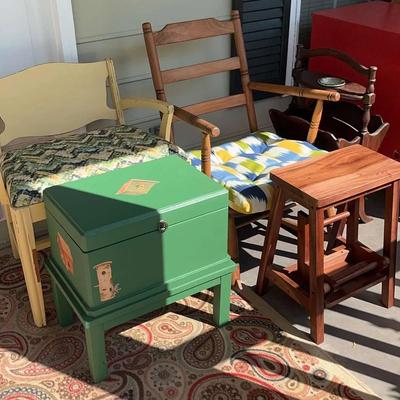 Magazine Rack with Ashtray, Wood Chairs, Painted Chest & Step Stool 