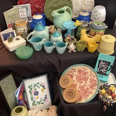 Colorful Vintage Pottery, Stoneware & Collectibles with 1948 Memorabilia & Decorative Plates
