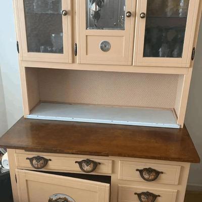 Vintage Wooden Kitchen Cabinet with Glassware Display Shelves