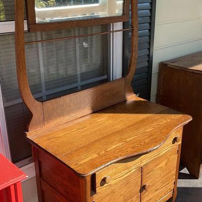 Vintage Oak Washstand with Beveled Mirror