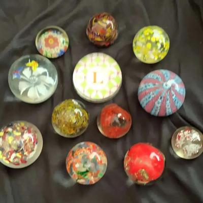 Colorful Art Glass Paperweight Collection Featuring Millefiori & Abstract Designs