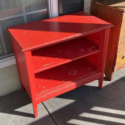 Vintage Red Painted Wooden Cabinet with Open Shelves