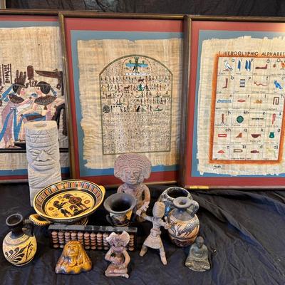 Framed Egyptian Papyrus Prints, Anubis Figurine & Decorative Pieces