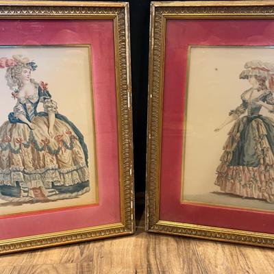 Pair of Vintage French Victorian Lady Prints
