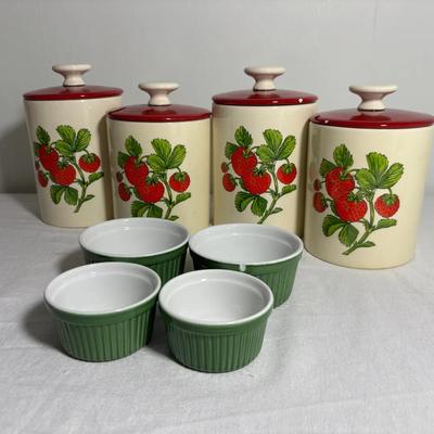 Vintage Strawberry Canister Set & Porcelain Ramekins 