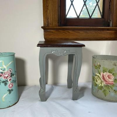 Vintage Floral Metal Wastebaskets & Painted Accent Stool