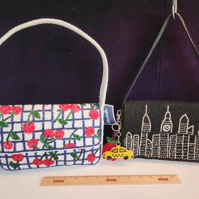 2 Intricate Beaded Bags, London Skyline/Cherries, Crafted in India