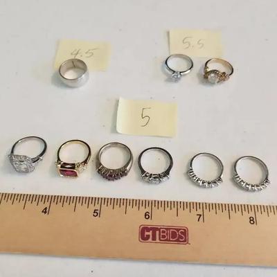 9 Sterling Silver 925 Rings, Size 4.5, 5, & 5.5 - 27g total, Some Vintage