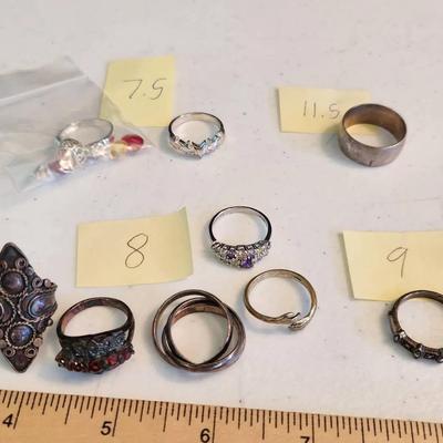 9 Sterling Silver 925 Rings, Size 7.5, 8, 9, & 11.5 - 38g total, Some Vintage
