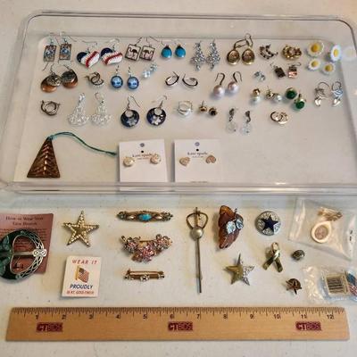 30 Pairs of Costume Jewelry Earrings + 15 Pins, Some Vintage