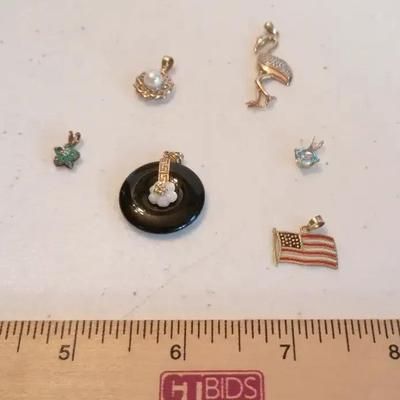 10K Yellow Gold Pendants Lot - Flamingo, Emerald, Asian Jade, Flag, Blue Topaz, Pearl