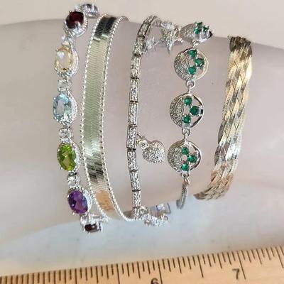 5 Sterling Silver 925 Bracelets w/ Semiprecious Stones, 39g total