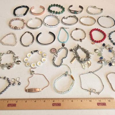28pc Costume Jewelry Bracelets - Beads, Rhinestones, Charm Bracelets
