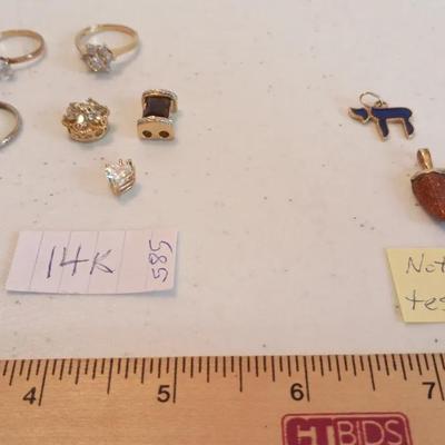 14k Jewelry W/ Stones Lot - Rings, Pendants - Smoky Topaz, Goldstone, Pearl