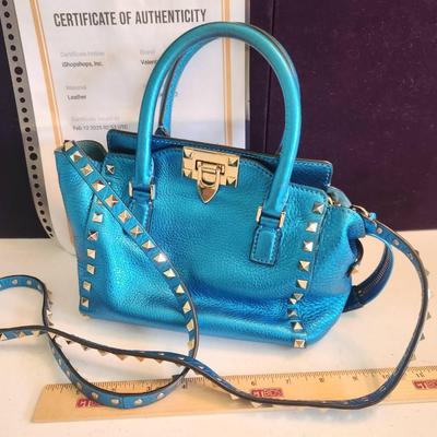 Valentino Authentic Metallic Leather Studded Top Handle Bag w/ Strap