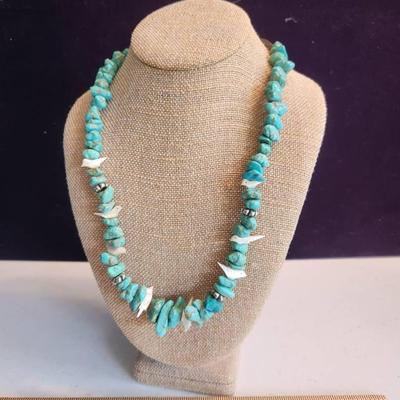Vintage Chunky Turquoise & Birds Necklace, Sterling Beads/Clasp