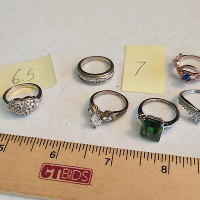 6 Sterling Silver Rings Size 7 & 6.5 - 23g total, Some Vintage 