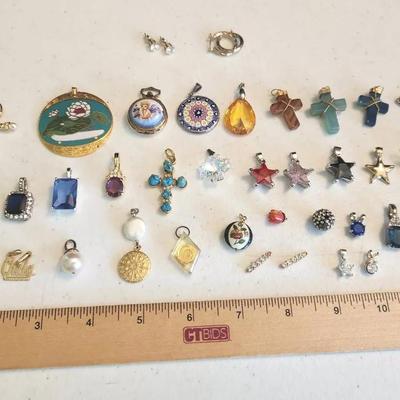 35pc Costume Jewelry Pendants - Enamel, Millefiore, Aquamarine