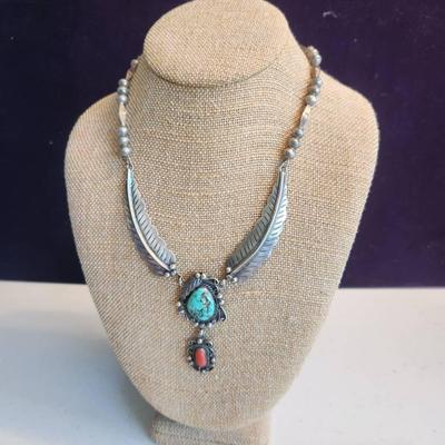 Vintage Sterling Silver Turquoise Pendant Necklace, 43g total