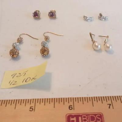 10k Gold Earrings Lot - Amethyst, Pearl, Clear Stones