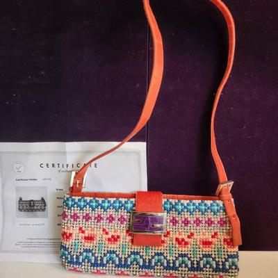 Fendi Authentic Woven Rhinestone Baguette Shoulder Bag