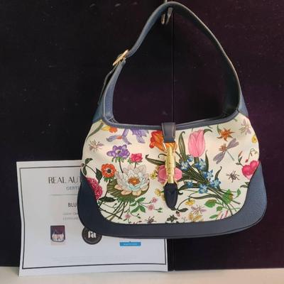 Gucci Authentic Flora Canvas Jackie Shoulder Bag, Blue Leather Trim