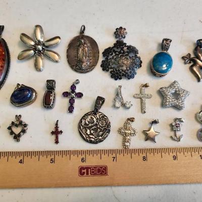 20pc Sterling Silver Pendants, 132g total - Amber, Semiprecious Stones