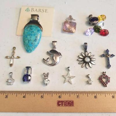 13 Sterling Silver 925 Pendants - Barse Turquoise, Mother-of-pearl, Faceted Gems