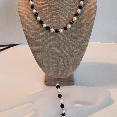 14k Yellow Gold, Pearl?, Obsidian? Necklace & Bracelet