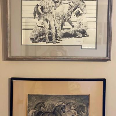 Framed Lithograph And Print Of Horses And Cowboys