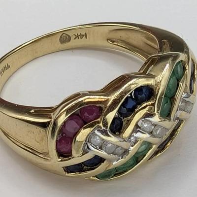 14K Gold, Diamond, Ruby, Emerald & Topaz Ring