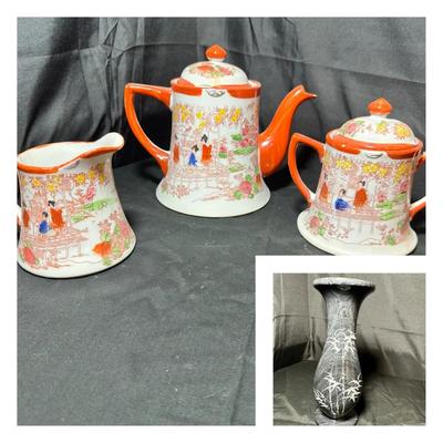 Japanese Kutani Geisha Girl Teapot Set & Marble Etched Vase