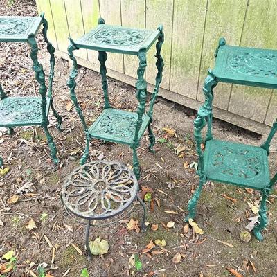 4 Vintage Cast Metal Plant Stands, Green Ornate