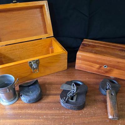 Antique Padlocks, Vintage Wood Boxes & Travel Cup