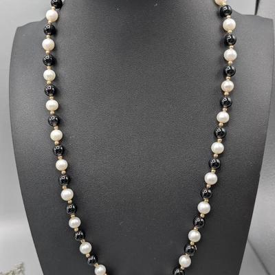 14K Gold Bead, Pearl & Onyx Necklace