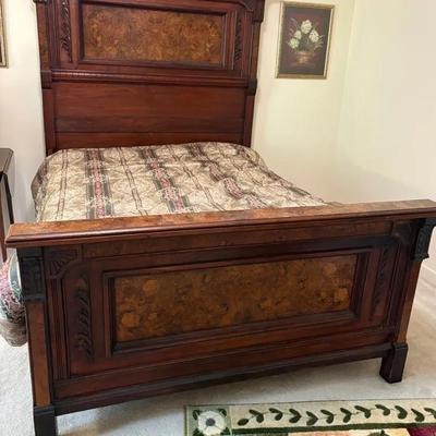 Antique Victorian Carved Burl Wood Bed Frame