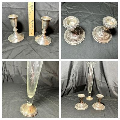 4 Sterling Weighted Silver Candlesticks And 1 Etched Glass And Sterling Silver Bud Vase