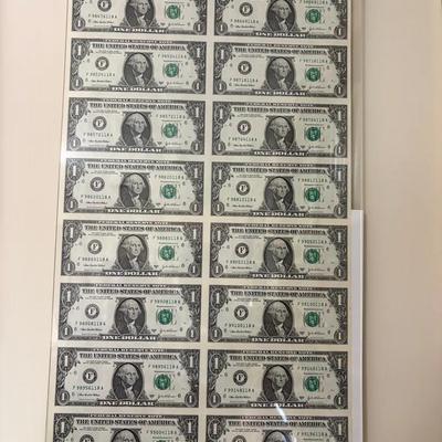 Sheet Of Uncut Mint $1 Bills