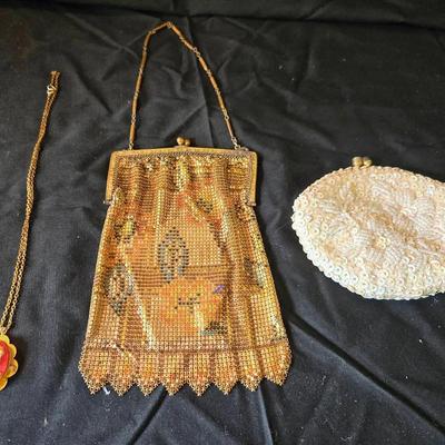 Antique Mesh Handbag, Vintage Cameo, Beaded Coin Purse