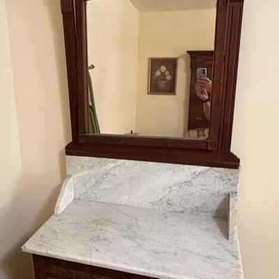 Antique Victorian Marble Top Wash Stand Cabinet With Mirror