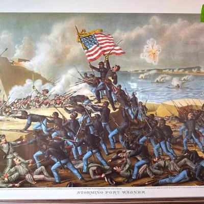 Lot 113:  Framed Civil War Lithograph Print – Storming Fort Wagner (28x21)