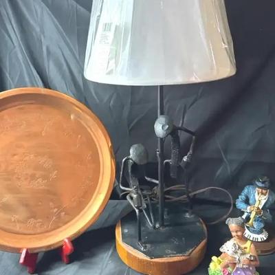 Lot 112:  Vintage Mixed Lot – Folk Art Lamp, Copper Tray & Figurines