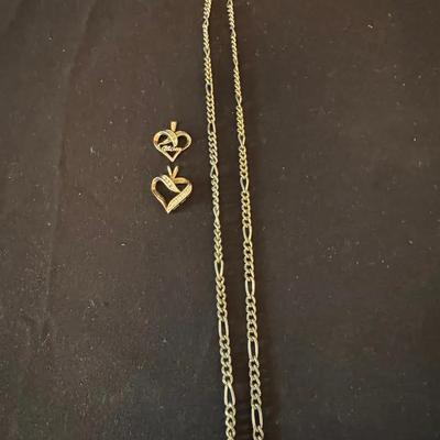 Lot 246: 14k Gold Plated 20” Chain, Two 10k Heart Charms 
