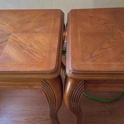 Lot 106:  Pair of Vintage Square Wooden Side Tables with Parquet Tops