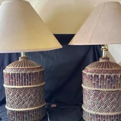 Lot 104:  Pair of Vintage Woven Ceramic Table Lamps with Neutral Shades
