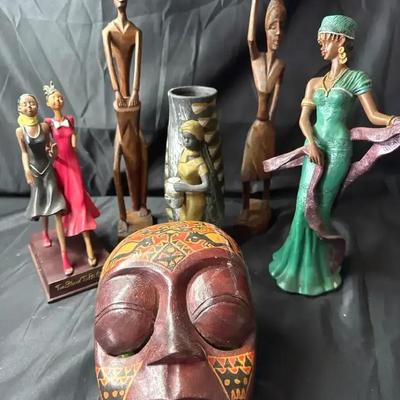 Lot 102:  Collection of African & Afro-Inspired Figurines, Tribal Mask, and Decorative Vase