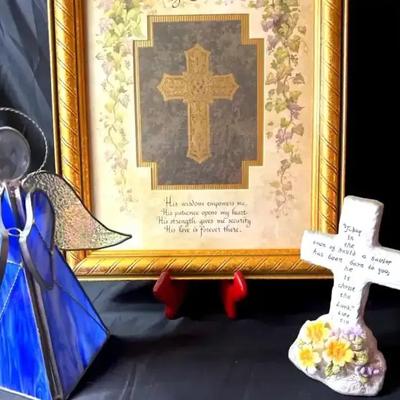 Lot 111:  Christian Home Décor Set – Framed “My Father” Poem, Stained Glass Angel & Floral Cros