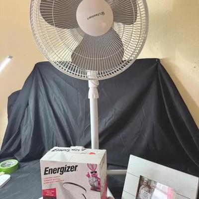 Lot 110:  Fan, Lighted Vanity Mirror With Wireless Charger, Mr. Mrs. Frame